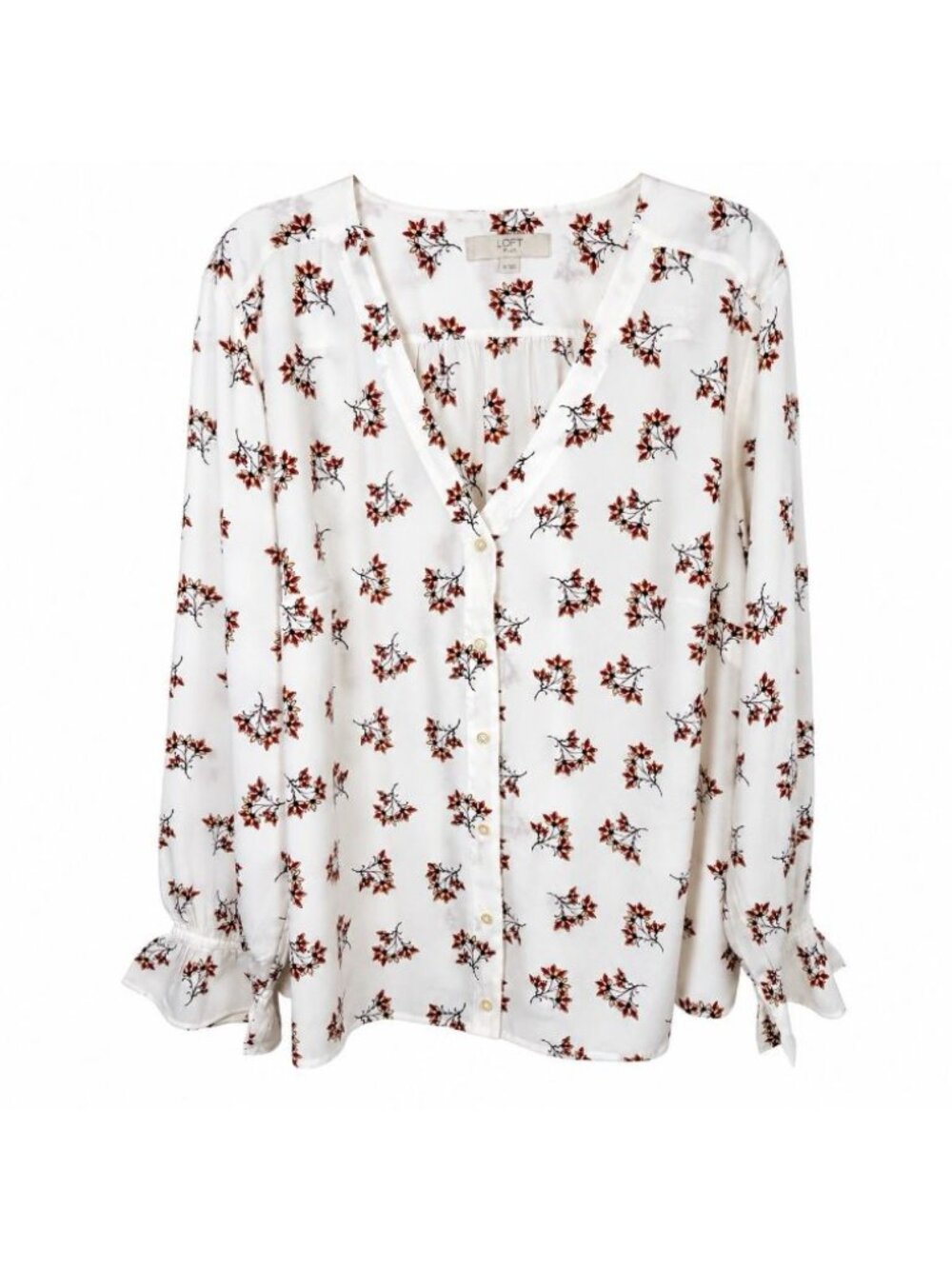 Loft Plus Floral Bouquets White Blouse Size 18 V-neck Button-Up Ruffle Cuff